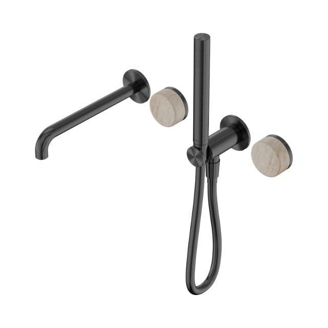Nero Serenity progressive shower system with spout and hand shower, gunmetal finish with Rome travertine handles, front view