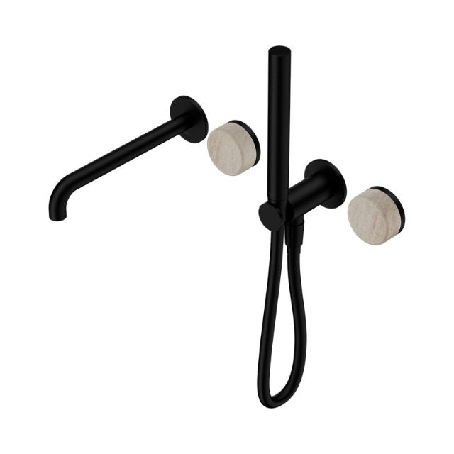Nero Serenity matte black progressive shower system with spout and travertine handle, wall-mounted set