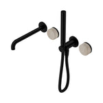 Nero Serenity matte black progressive shower system with spout and travertine handle, wall-mounted set