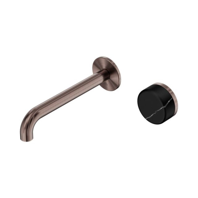 Nero Serenity wall basin mixer with 160mm brushed bronze spout and Marquina black handle, wall-mounted tap set
