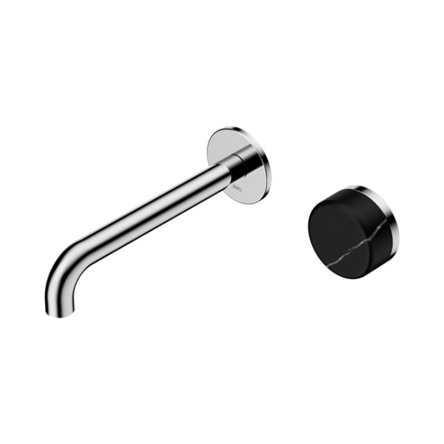 Nero Serenity chrome wall basin mixer with 160mm spout and Marquina black marble handle, wall-mounted view