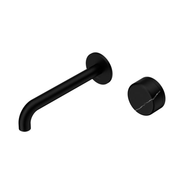 Nero Serenity matte black wall basin mixer with 160mm spout and Marquina black handle, round wall plate