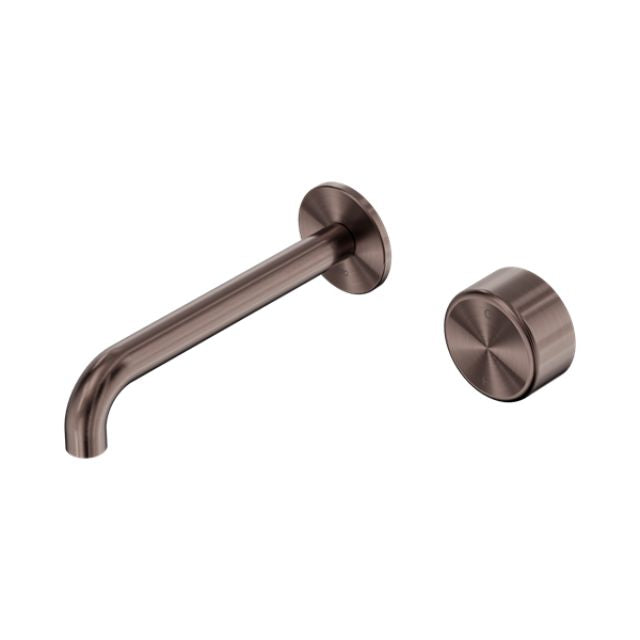 Nero Serenity wall basin mixer and metal handle in brushed bronze, shown with 160mm spout and round wall plate on white background