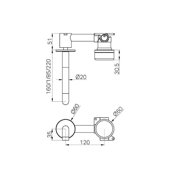 Technical drawing of Nero Serenity wall basin mixer in brushed gold, showing 160mm spout, travertine handle and dimensions