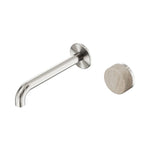Nero Serenity wall basin mixer set in brushed nickel with round travertine handle and 160mm spout