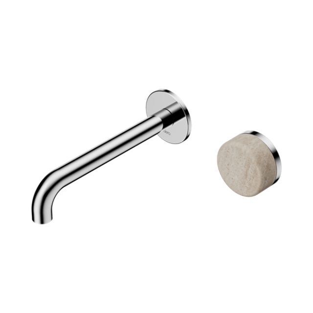 Nero Serenity chrome wall basin mixer with 160mm spout and Rome travertine handle, wall-mounted on white background