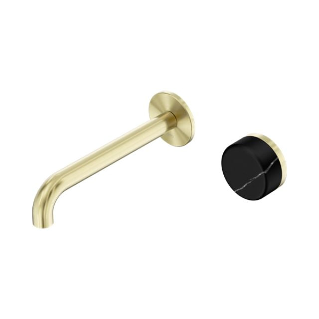 Nero Serenity wall basin mixer, brushed gold spout with black marble handle, wall-mounted tap set