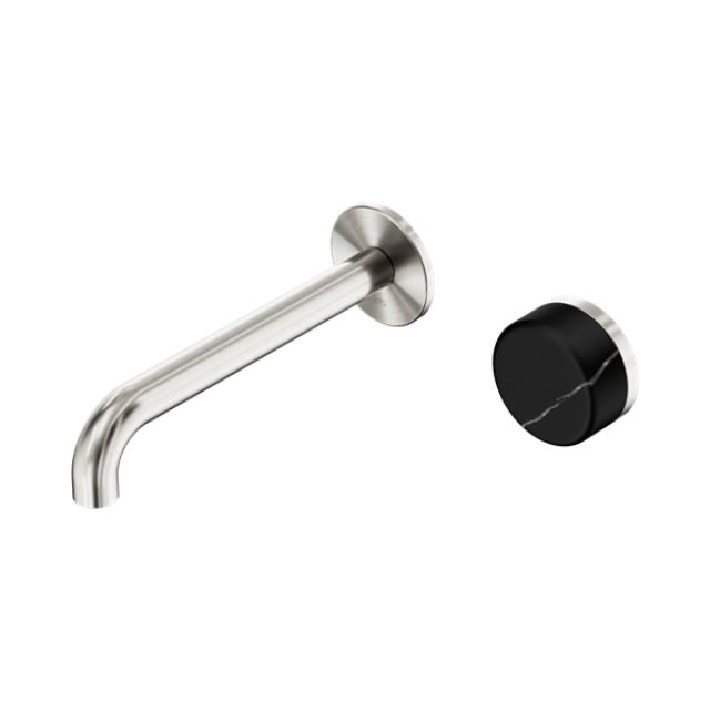 Nero Serenity wall basin mixer in brushed nickel with 185mm spout and black marble handle, wall-mounted tap set