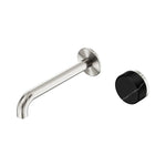 Nero Serenity wall basin mixer in brushed nickel with 185mm spout and black marble handle, wall-mounted tap set
