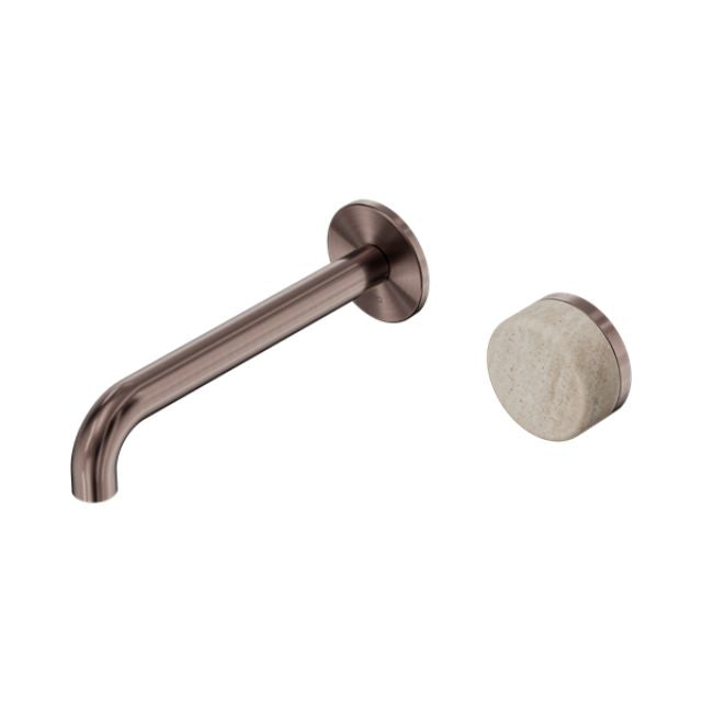 Nero Serenity wall basin mixer in brushed bronze with Rome travertine handle, shown with 185mm spout and wall plate