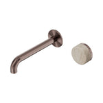 Nero Serenity wall basin mixer in brushed bronze with Rome travertine handle, shown with 185mm spout and wall plate