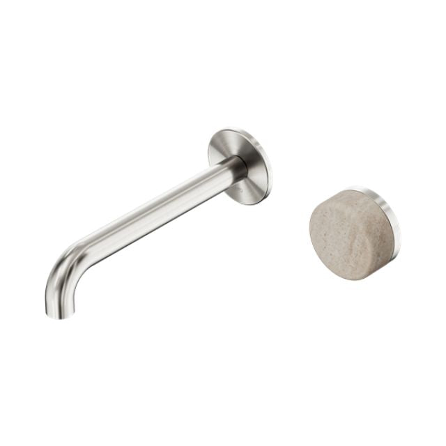 Nero Serenity wall basin mixer in brushed nickel with 185mm spout and Rome travertine handle, shown on white background