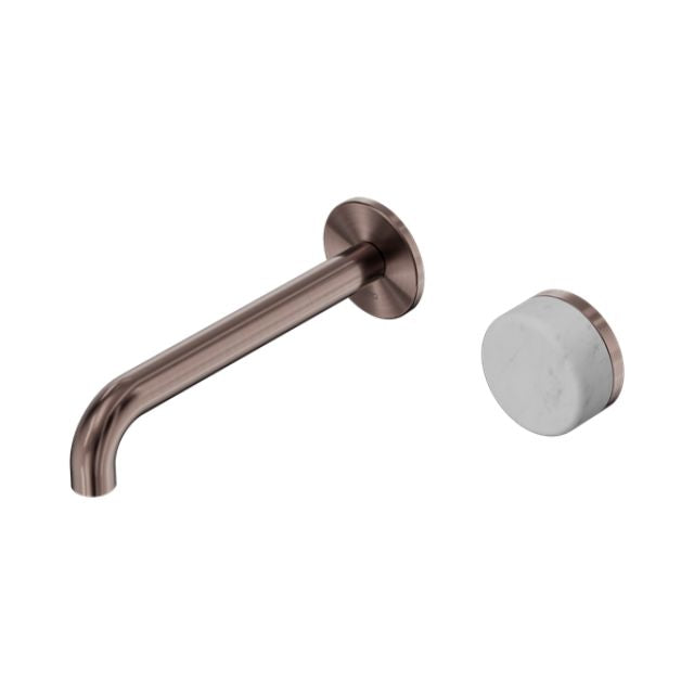 Nero Serenity wall basin mixer in brushed bronze with Carrara marble handle and 220mm spout, shown on white background