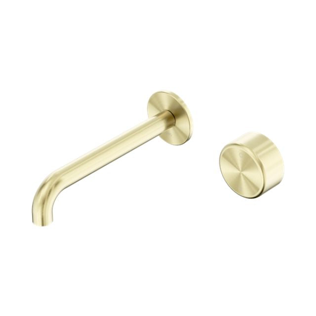 Nero Serenity wall basin mixer with 220mm spout and metal handle in brushed gold, shown on white background