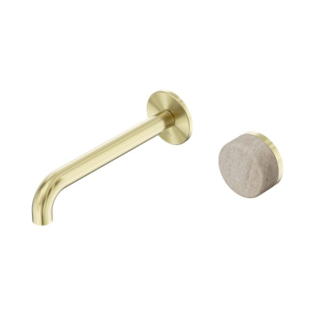 Nero Serenity wall basin mixer in brushed gold with 220mm spout and round travertine handle, shown on white background