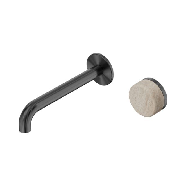 Nero Serenity wall basin mixer in gunmetal with round Rome Travertine handle and 220mm spout, wall-mounted tap