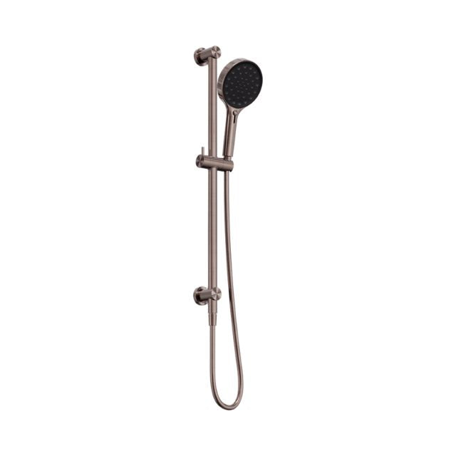 Nero Serenity rail shower in brushed bronze with hand shower, wall-mounted rail and hose on white background