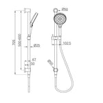 Technical drawing of Nero Serenity rail shower in brushed bronze, showing wall-mounted rail shower dimensions and hand shower.