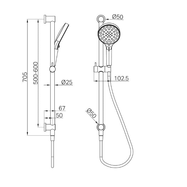 Technical drawing of Nero Serenity rail shower in brushed bronze, showing wall-mounted rail shower dimensions and hand shower.
