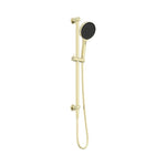 Nero Serenity rail shower in brushed gold, wall-mounted hand shower with hose on rail, front view on white background