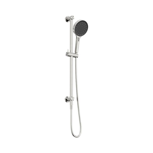 Nero Serenity rail shower in brushed nickel, wall-mounted with round hand shower and hose on white background