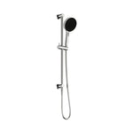 Nero Serenity chrome rail shower with round hand shower and hose, wall mounted on white background
