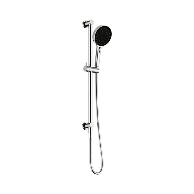 Nero Serenity chrome rail shower with round hand shower and hose, wall mounted on white background