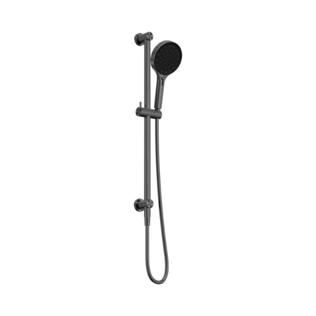 Nero Serenity rail shower in gunmetal, wall-mounted with round handpiece and hose