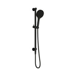 Nero Serenity matte black rail shower with hand shower and hose, wall-mounted on adjustable rail on white background