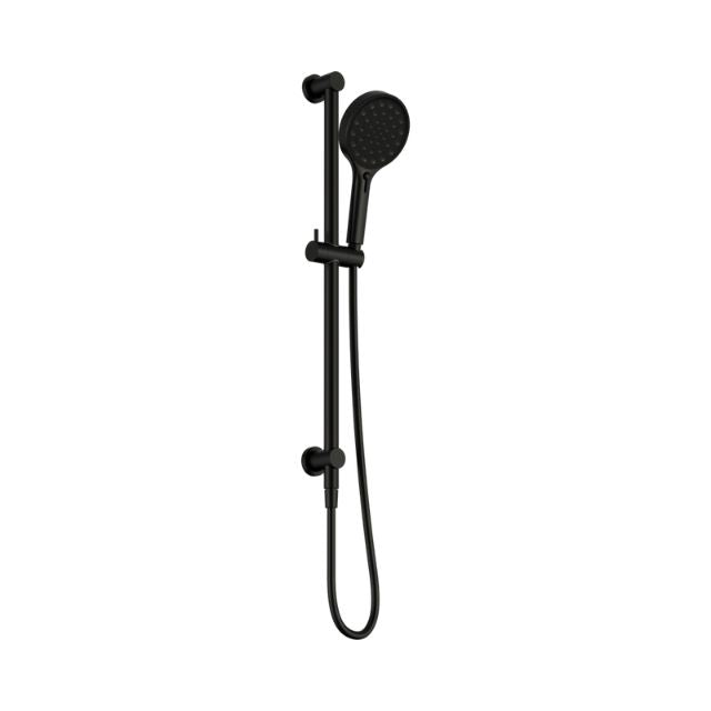 Nero Serenity matte black rail shower with hand shower and hose, wall-mounted on adjustable rail on white background