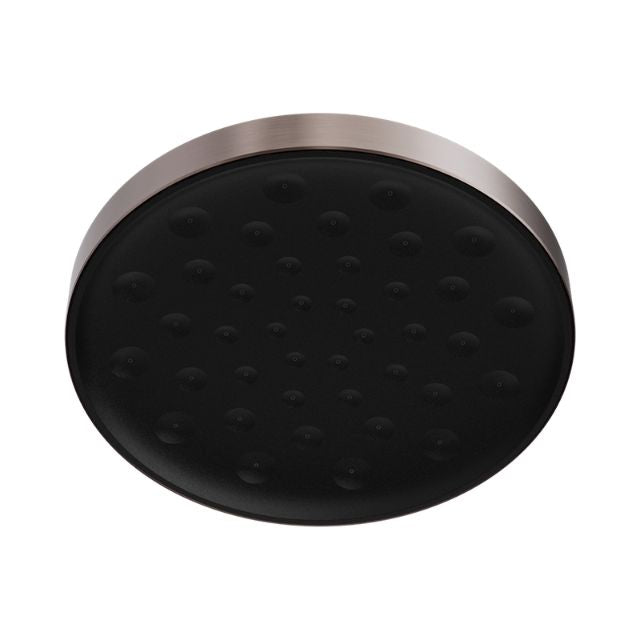 Nero Serenity round shower head in brushed bronze with black face and silicone nozzles, front view