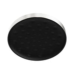 Nero Serenity round shower head in brushed nickel, front view with black spray face and silver rim