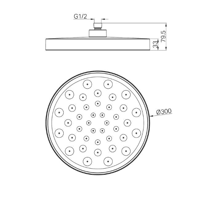 Nero Serenity chrome shower head technical drawing, showing round Ø300 head and G1/2 connection dimensions