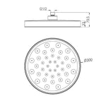 Nero Serenity matte black shower head technical drawing with G1/2 fitting and Ø300 round face
