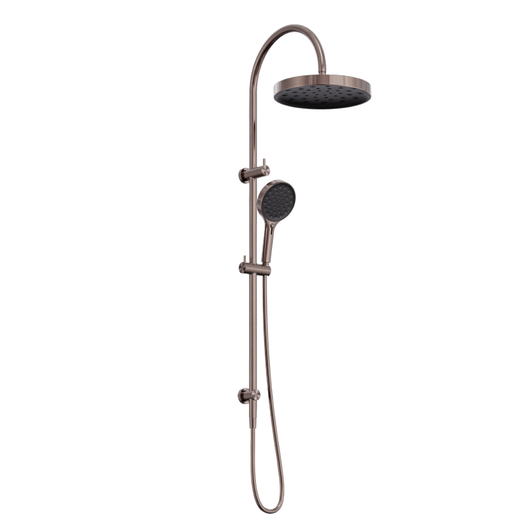Nero Serenity twin rail shower in brushed bronze with rain head and hand shower on a wall-mounted rail