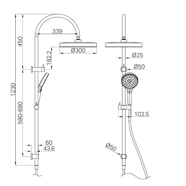 Nero Serenity twin shower technical drawing in brushed bronze, showing wall-mounted rail, overhead rain head and hand shower dimensions