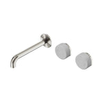 Nero Serenity wall basin set in brushed nickel with 160mm offset spout and two round Carrara marble handles on white background