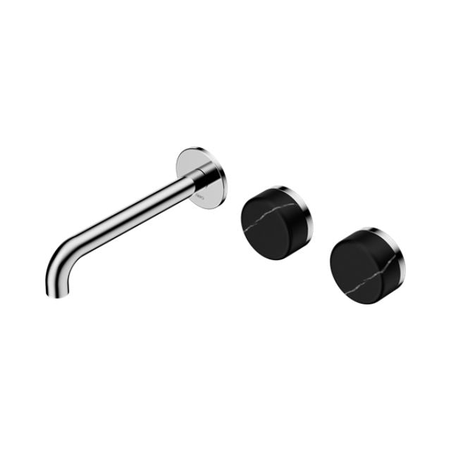 Nero Serenity chrome wall basin set with 160mm offset spout and black marble handles, 3 piece set