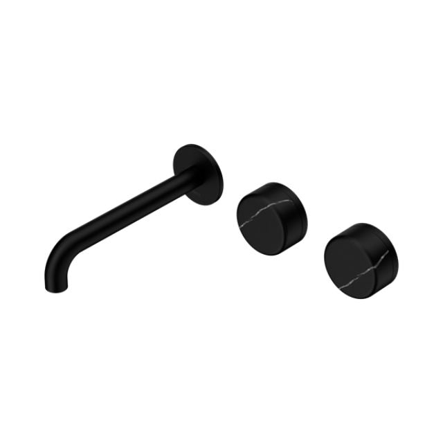 Nero Serenity wall basin set in matte black, with 160mm offset spout and Marquina black marble handles, three-piece wall-mounted tap set