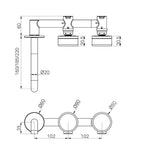 Technical drawing of Nero Serenity wall basin set, showing 160mm offset spout and three round 60mm matte black plates with 102mm centres