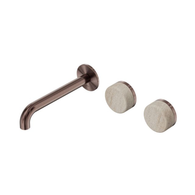 Nero Serenity brushed bronze wall basin set with offset spout and two travertine handles, front view on white background