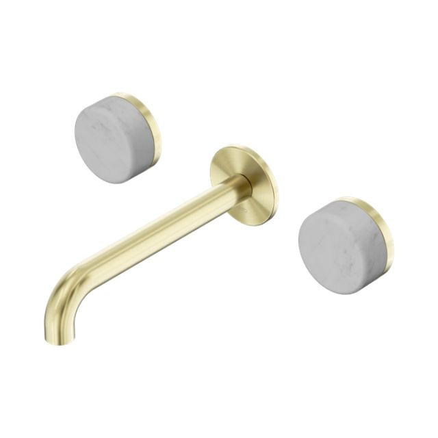 Nero Serenity 3 piece wall basin set in brushed gold with Carrara marble handles and 160mm spout
