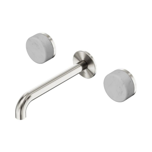 Nero Serenity wall basin set in brushed nickel with 160mm spout and round Carrara-style handles