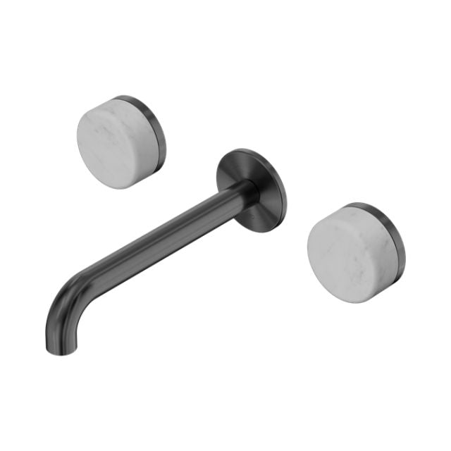 Nero Serenity wall basin set in gun metal with Carrara marble handles, featuring a 160mm wall-mounted spout on white background