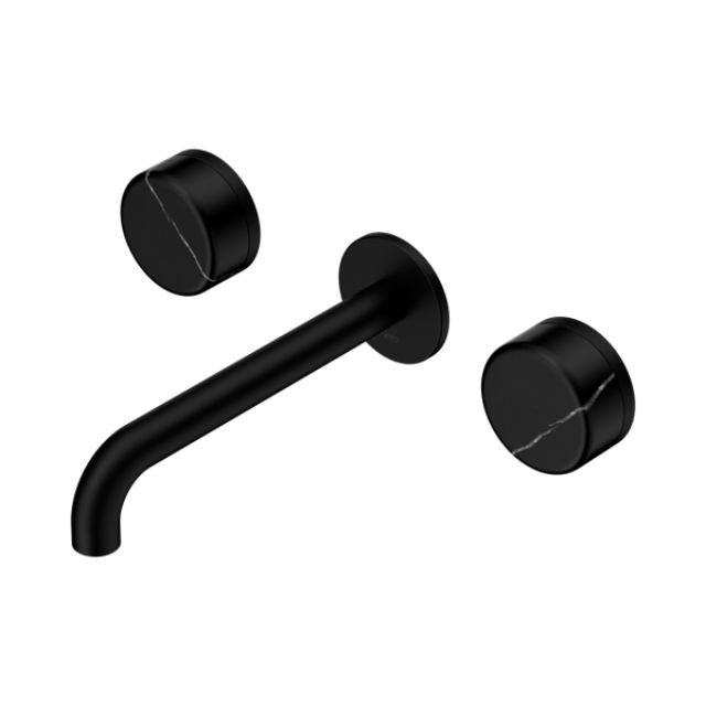 Nero Serenity wall basin set in matte black with Marquina black marble handles and 160mm spout, wall-mounted 3 piece tap set