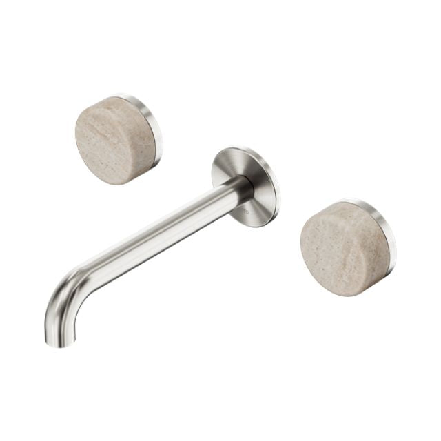 Nero Serenity wall basin set in brushed nickel with 160mm spout and travertine handles, 3 piece wall-mounted tapware