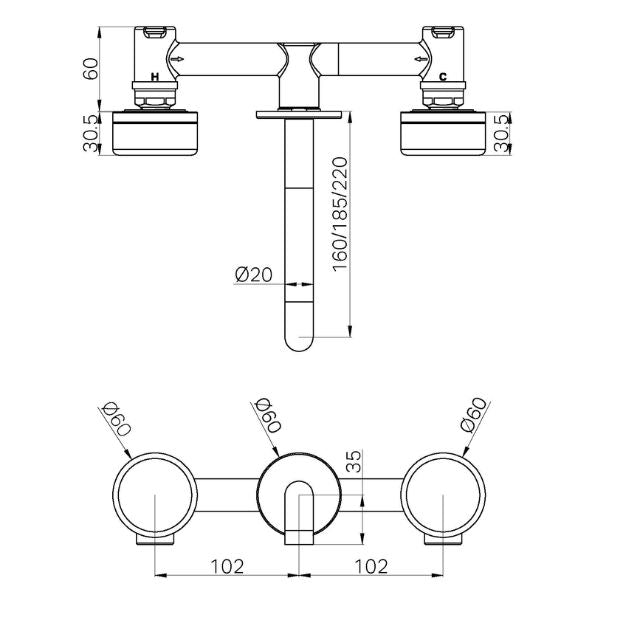 Technical drawing of Nero Serenity wall basin set, 160mm spout, gun metal, with round 60mm handles and measurements shown