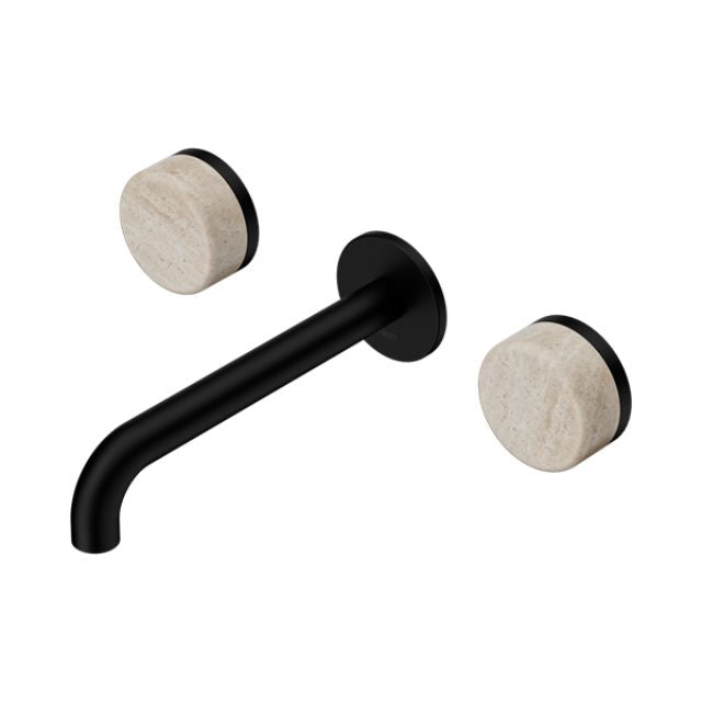 Nero Serenity matte black wall basin set with 160mm spout and Rome travertine handles