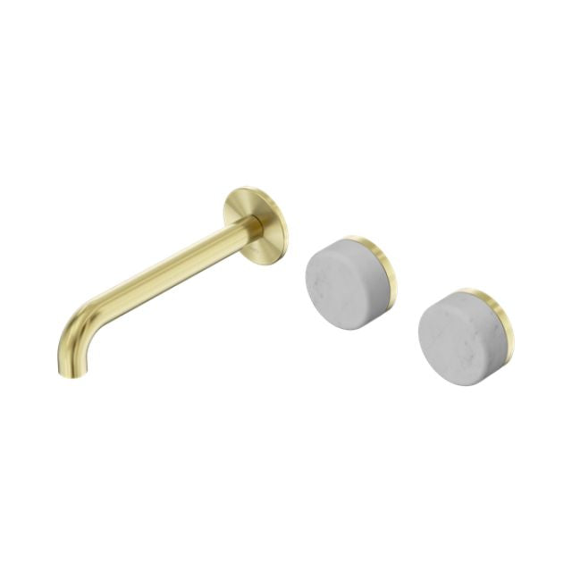 Nero Serenity wall basin set in brushed gold with offset spout and Carrara marble handles, three-piece tapware