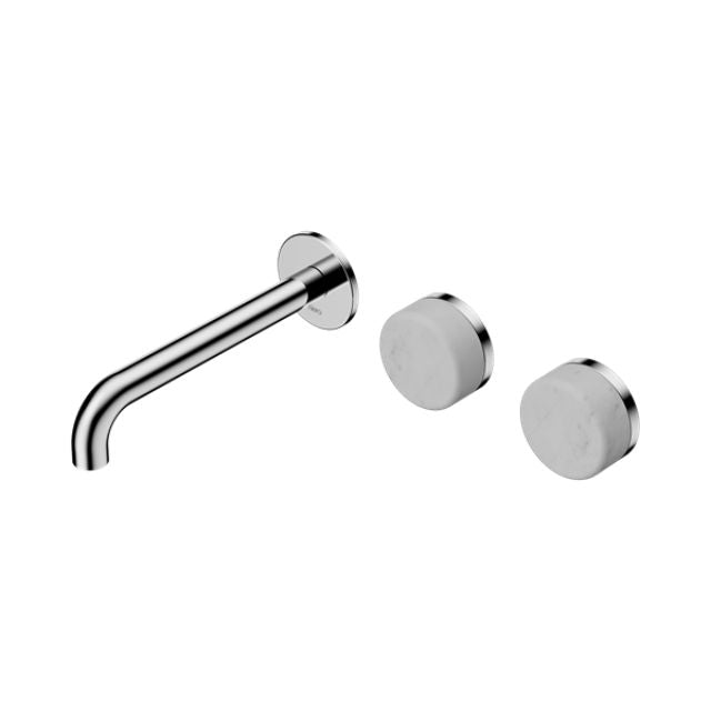 Nero Serenity wall basin set with chrome offset spout and two round Carrara marble handles, wall-mounted tap set